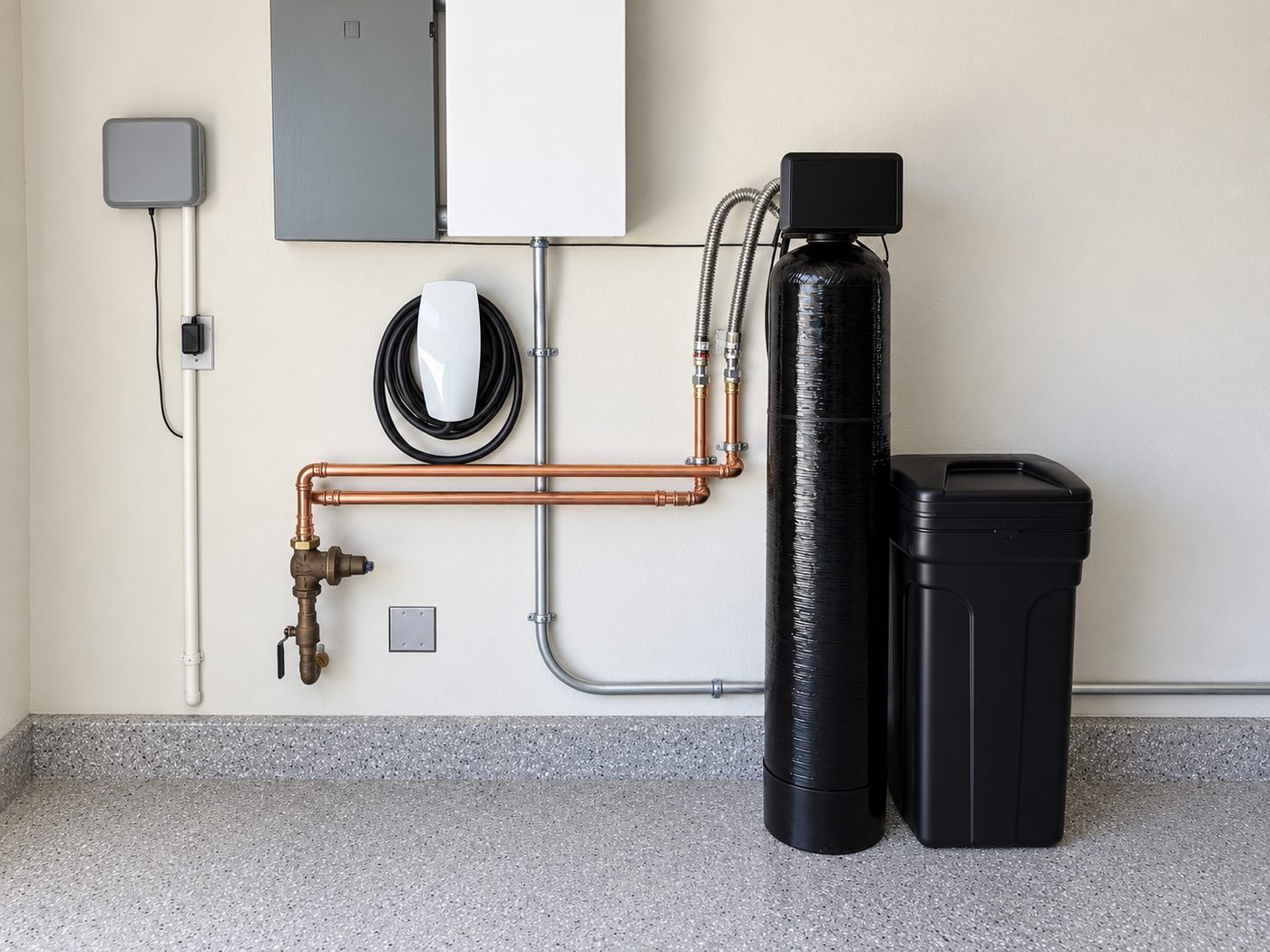 Sol Connection clean garage water softener installation with copper plumbing in Southern California